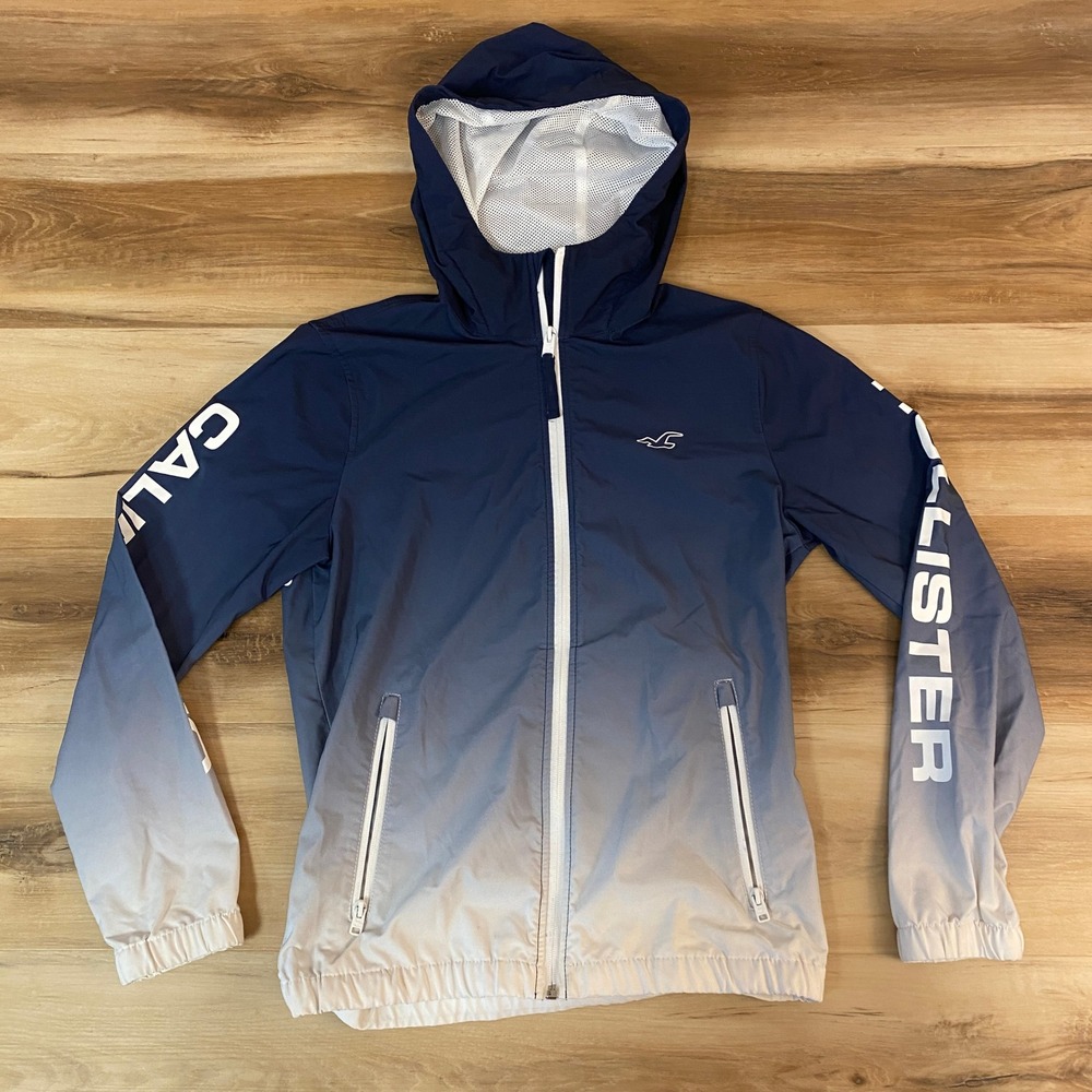 Hollister Windbreaker Jacket XS Ombre Epic Flex Hooded Navy White Logo Mens